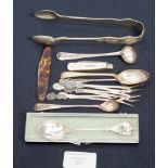 A bag of silver spoons to include a late Georgian spoon, six pickle forks, stamped 925,