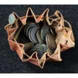 A drawstring purse with 18th Century. Coins, medallions.