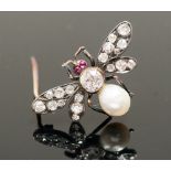 A Victorian diamond and pearl insect brooch, the body set single old-cut diamond of approx. 0.