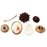 A Victorian crescent Brooch set numerous rose-cut diamonds, two Victorian target Brooches,