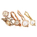 Two Lady's rose gold cased Wristwatches with expanding bracelets together with three other Lady's