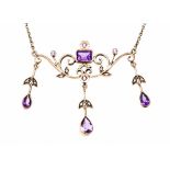 A modern Edwardian style openwork necklet set with amethysts and brilliant cut diamonds,