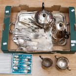 A parcel of silver plate including a four piece tea set on a tray, rat Tail pattern loose canteen.