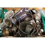 A box of silver plated, EPNS and other metalware to include wine cooler, teapot, serving dishes,
