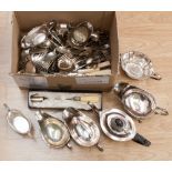 A box containing a collection of EPNS items including tea service, other part tea services,