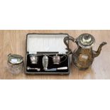 A boxed silver cruet set, having original Bristol Blue liners, with a silver handled button hook,