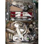 Two boxes of assorted silver plated items, comprising goblets, trays, tea and coffee service,