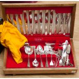 An Art Deco oak cased canteen of cutlery, silver plated, comprising six place settings.