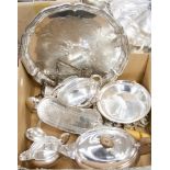 A box of assorted silver plated items including three piece teaset, salver, flatware, etc,