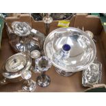 A quantity of EPNS ware to include tazza, coffee pot, teapot, silver on copper single candlestick,