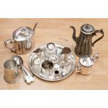 A Victorian oval plated teapot, plated 3 piece teaset on tray, set of six silver cake forks,