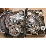 Three boxes of assorted silver plated ware, comprising teapots, wine cooler, trays, vases, dishes,