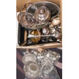 A box of assorted EPNS including knife rests, picture frames, galleried tray,