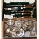 Silver plated tea pots and tea ware; together with an antler handled carving set,