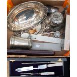 A box of assorted EPNS and plated ware to include cased fish servers, carving set and steak knives,