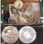 A box of silver plate to include flatware, Mappin & Webb fruit dish with handle, rose bowl,