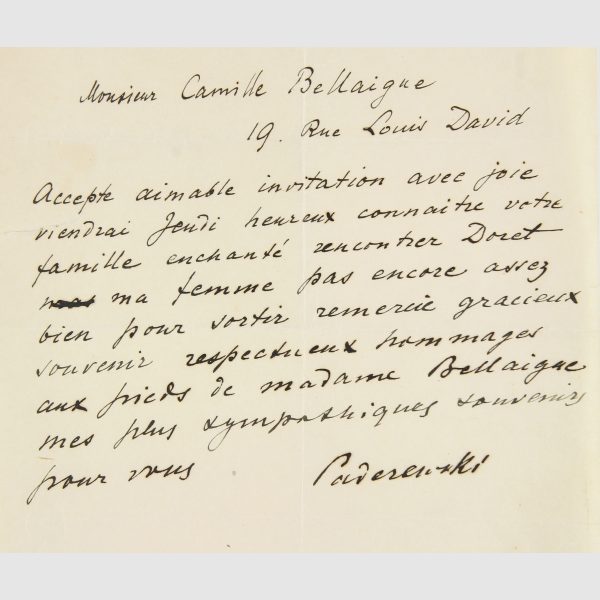 Paderewski, Ignacy Jan (Komponist u. Pianist). Handschriftlicher Brief mit Unterschrift. 4°. O.O.