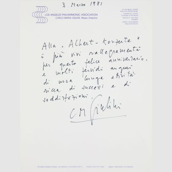 Giulini, Carlo Maria (Dirigent). Handschriftlicher Brief mit Unterschrift und Umschlag. 4°. Mailand,
