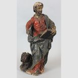 Heiliger Markus mit dem Löwen. Geschnitzte Holzfigur, gefasst. 18. Jahrhundert. Höhe 53,5 cm.  Alt