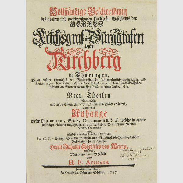 Thüringen - - Avemann, H. F. Vollständige Beschreibung des ... Geschlechts der Herren Reichsgraf-