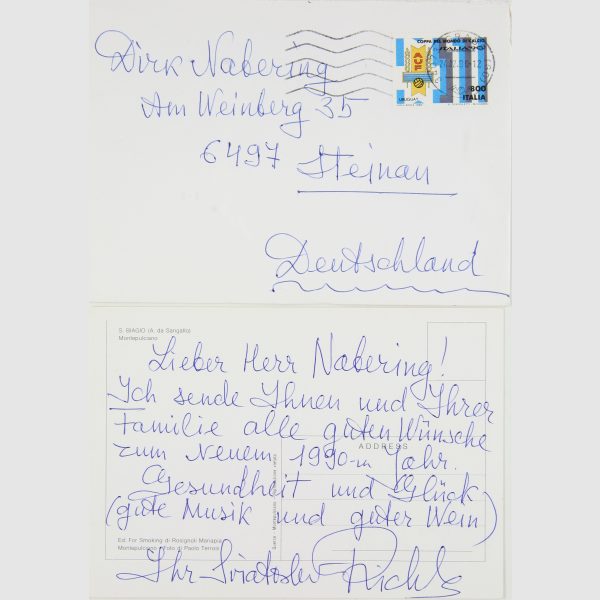 Richter, Svjatoslav (Pianist). Handschriftliche Postkarte mit Unterschrift und Umschlag. Italien,