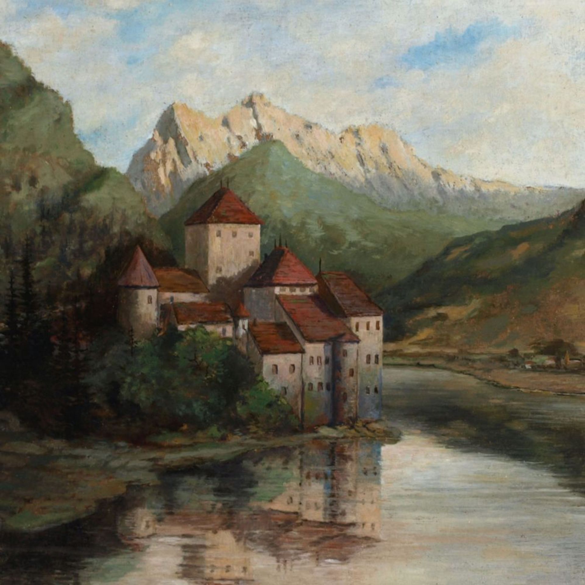 Opening: 100 EUR        Johl, J. Öl/Malpappe, Ansicht von Schloss Chillon am Genfer See, rechts