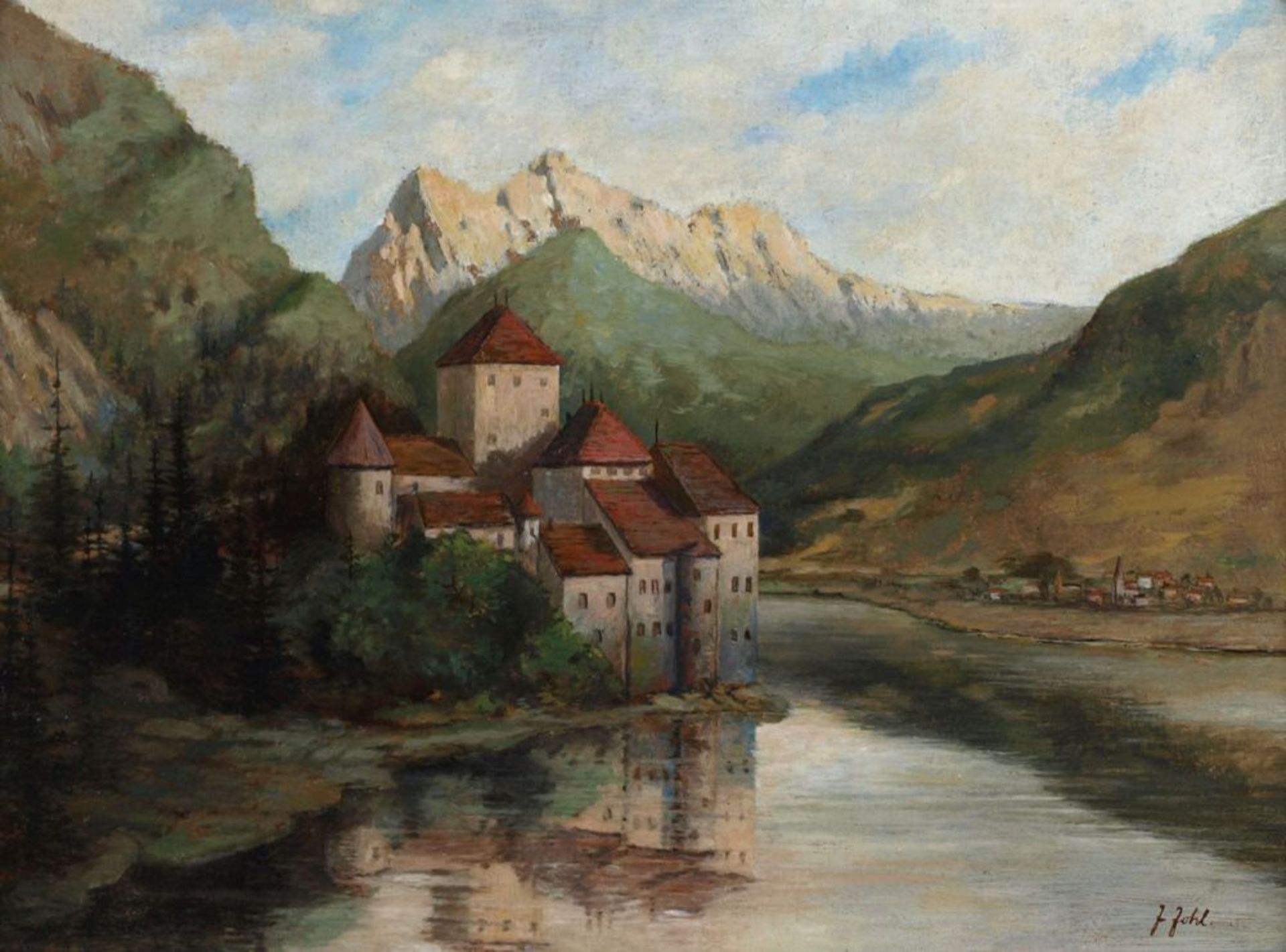 Opening: 100 EUR        Johl, J. Öl/Malpappe, Ansicht von Schloss Chillon am Genfer See, rechts - Image 2 of 4