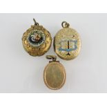 A yellow metal and enamel locket, engrav