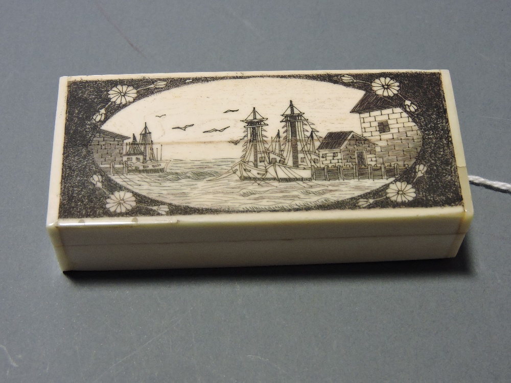 A scrimshaw-style rectangular bone box, - Image 3 of 5