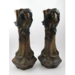 A pair of bronze cast Art Nouveau vases,