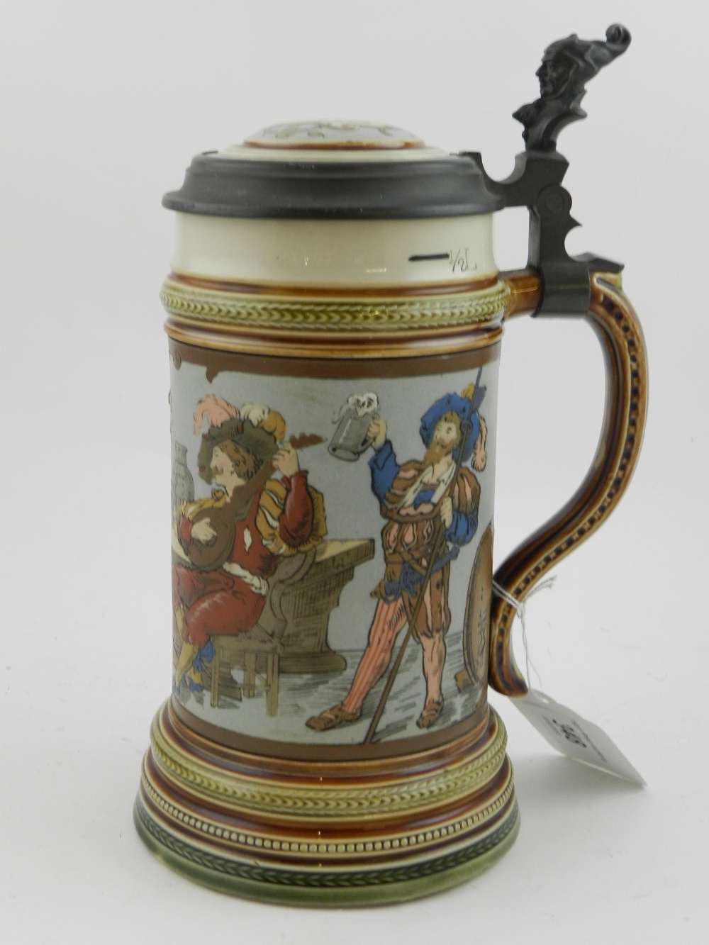 A Mettlach tankard, with a pewter hinged - Image 2 of 3