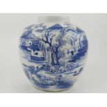 A Chinese blue and white porcelain ginger jar, decorated with river landscape scene with figures.