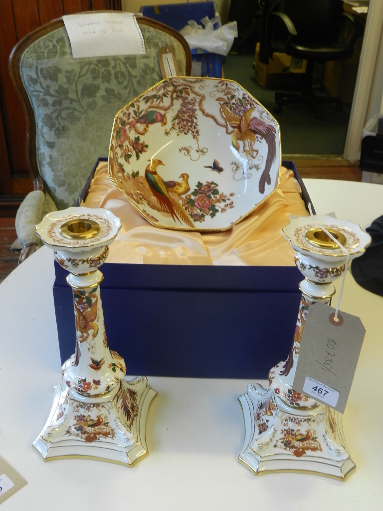 Royal Crown Derby, England. A pair of pedestal candle holders, Olde Avesbury pattern, together