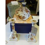 Royal Crown Derby, England. A pair of pedestal candle holders, Olde Avesbury pattern, together