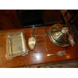 A silver plated hors d'oeuvres dish, together with a silver plated serving tray and sauceboat,