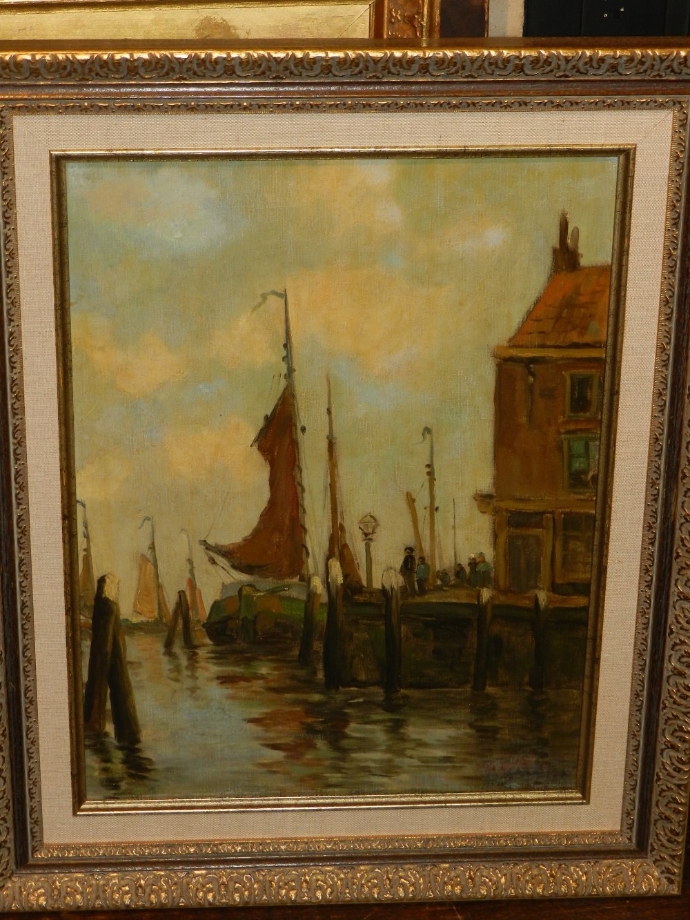 Early 20th century Dutch school, 'Dutch Harbour', oil on canvas, signed lower right.  H.40cm W.30cm
