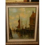 Early 20th century Dutch school, 'Dutch Harbour', oil on canvas, signed lower right.  H.40cm W.30cm