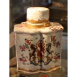 A French porcelain tea caddy armorial and floral hand-painted with motto Sola Virtus Invicta,