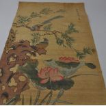 A watercolour on paper scroll, showing birds in a branch, signed Fu Shan, L. 90cm.