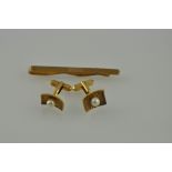 A pair of torpedo style pearl-set cufflinks, on 9ct gold, 10g; together with a gold-plated