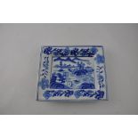 A rectangular blue and white dish decorated with an extensive landscape scene, W. 19cm.