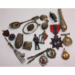 A First World War service medal, a George VI medal, assorted sporting medallions, silver items and