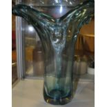 Keith Murray, Stevens and Williams, A pale aquamarine glass vase circa 1960 with drawn twin rim, H.