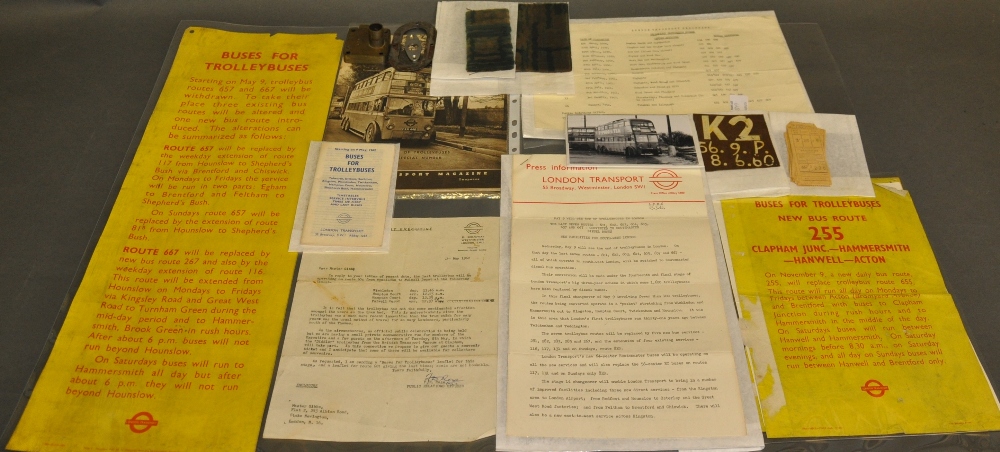 A collection of London Transport ephemera relating to the change from trolleybuses to Routemasters