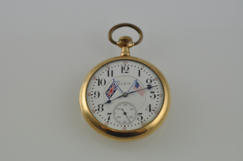 An Elgin gold-plated open face pocket watch, with British and US flags on the ceramic dial, with