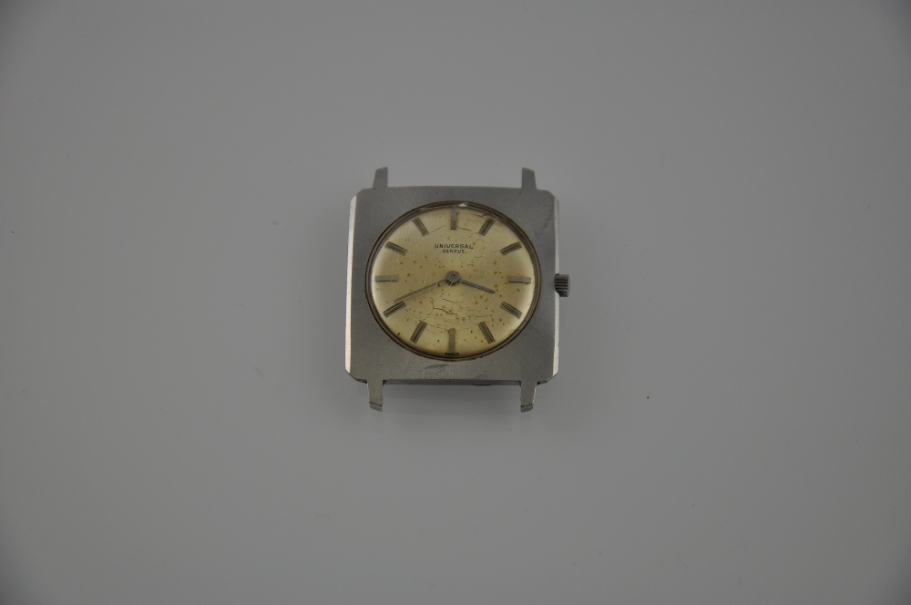 A Universal Geneve gentlemen's watch head, the stainless steek square case and silvered dial set