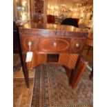 A George III mahogany and satinwood cross-banded folding top writing table, the split-hinged top