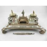 Walker & Hall, Sheffield. A Victorian silver plated desk stand, mounted with a sarcophagus box with