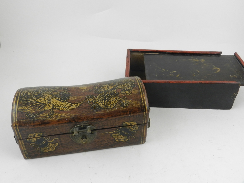 A Chinese wooden and leatherette hinged box, having metal handle to sides, painted in gilt with - Image 2 of 4