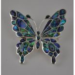 A silver and abalone butterfly brooch, L. 5cm.